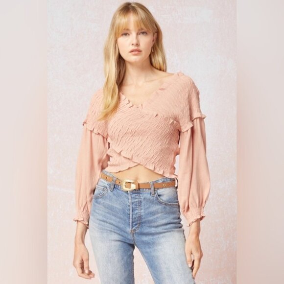 Entro | New Salmon Coral Criss Cross Blouse Cottagecore Country New Large Crop - Picture 1 of 8